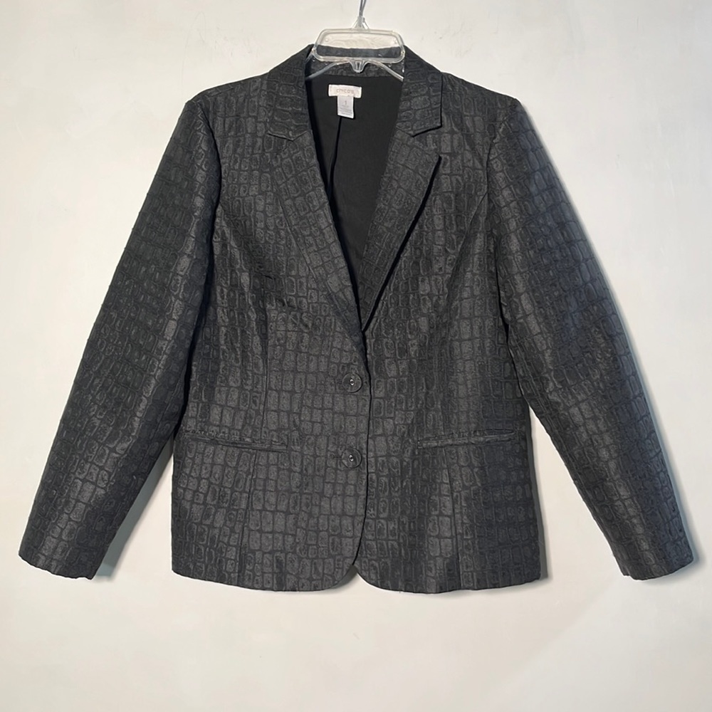 CHICO'S Sephia Croc Embossed Charcoal/Black Subtle Sheen Blazer SZ M (8)
